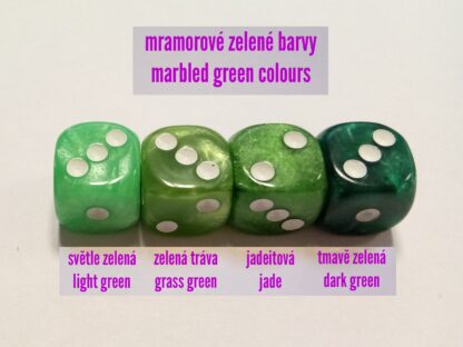 Sada 36 mramorově světle zelených 12mm šestistěnných K6 kostek - Obrázek 4